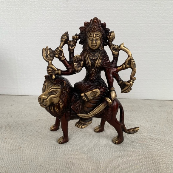 Durga & Lion Brass Statue Figurine with Antique Bronze Gold Finish - Picture 12 of 12